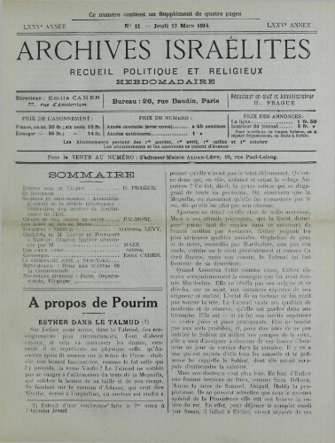 Archives israélites de France. Vol.75 N°11 (12 mars 1914)